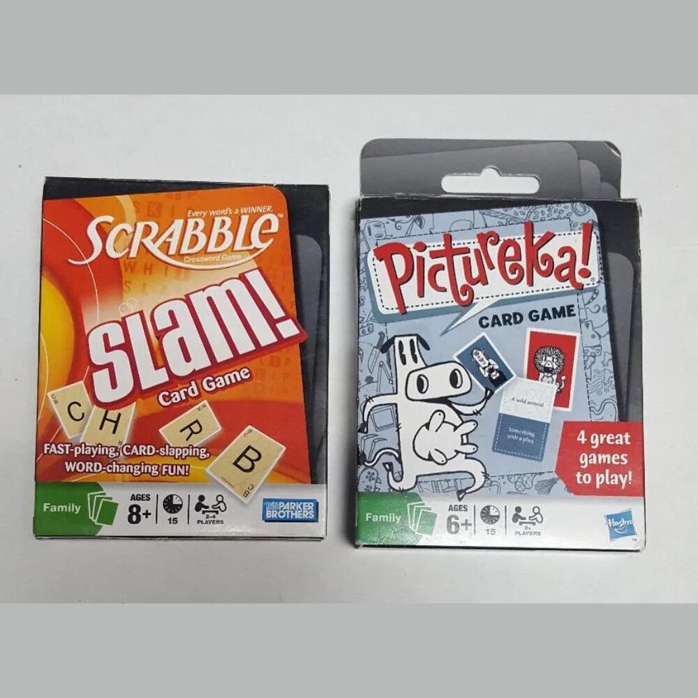 Lot of 2 FAMILY NIGHT Card Games Pictureka! Hasbro Scrabble Slam Parker Brothers